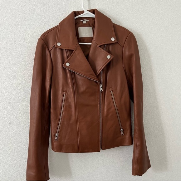 SOIA & KYO BROWN LEATHER MOTO JACKET Zip Size Medium M - Picture 1 of 8